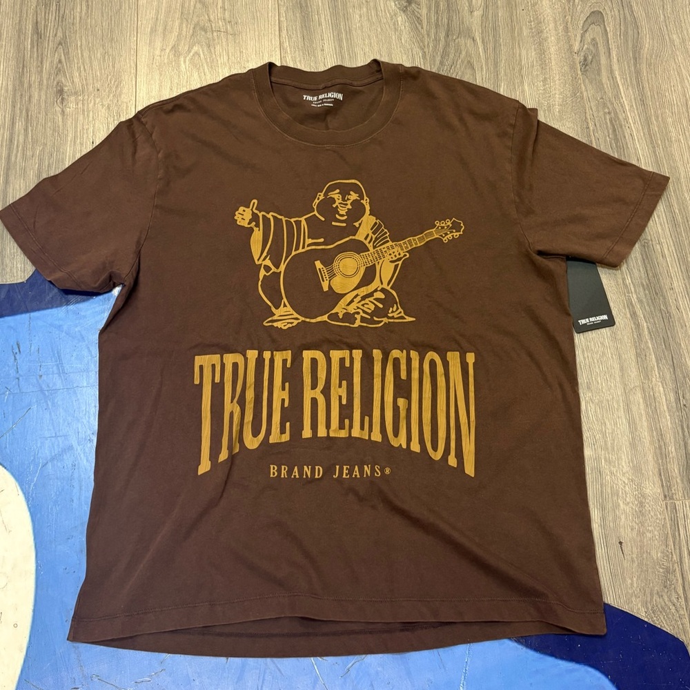 True Religion Brown Tee with Gold Buddha Guitar Logo